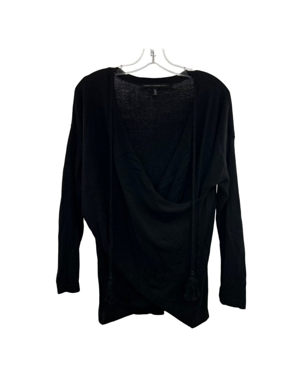 WHBM Women's Faux Wrap Sweater Long Sleeve Black Size XS Tassel Lightweight